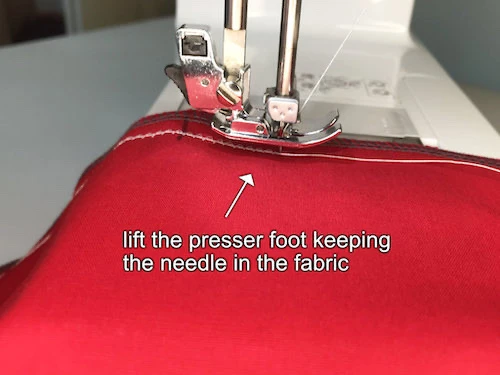 Lifted presser foot, sewing machine needle kept in fabric.