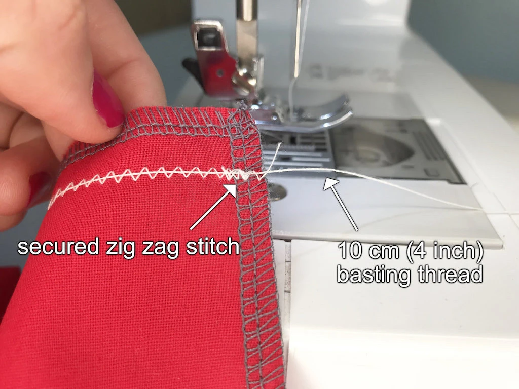 End of fabric with secured zig-zag stitch and at least 10 cm (4 inch) basting thread.