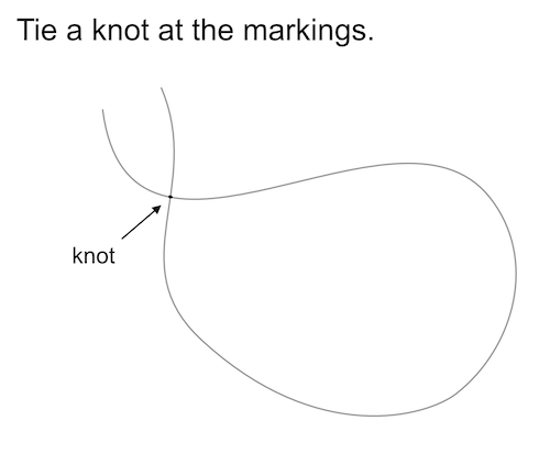 Tied knot on a string that will set the radius at hem for the circle skirt pattern.