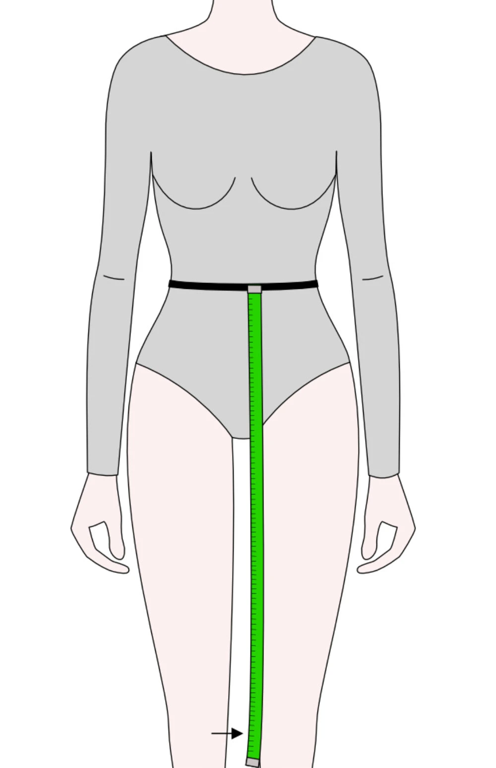 Illustration showing skirt length measured from the natural waist to the knee line.