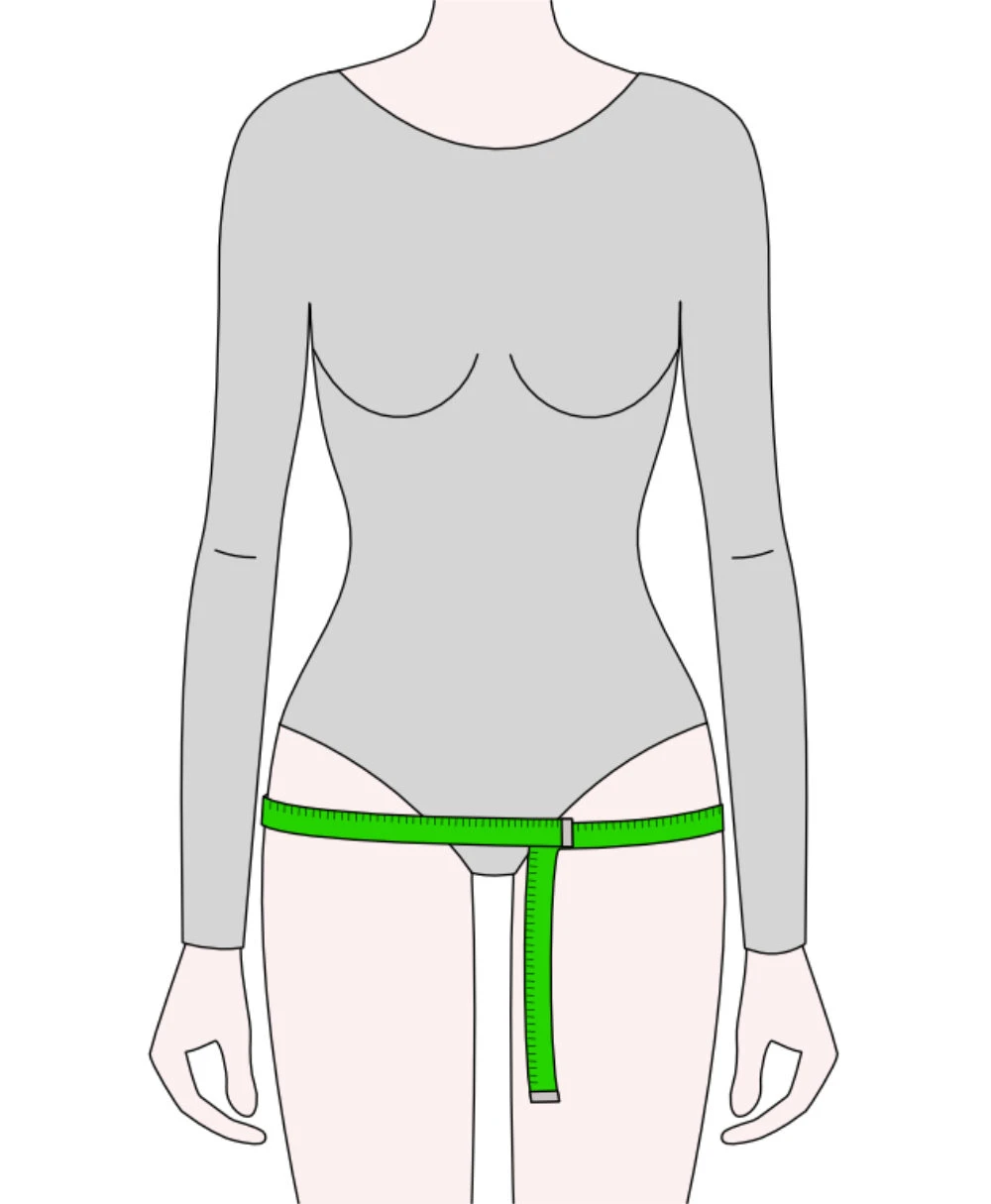 Illustration showing how to measure hip circumference by wrapping a measuring tape around the fullest part of the hips and buttocks, keeping the tape level and parallel to the floor.
