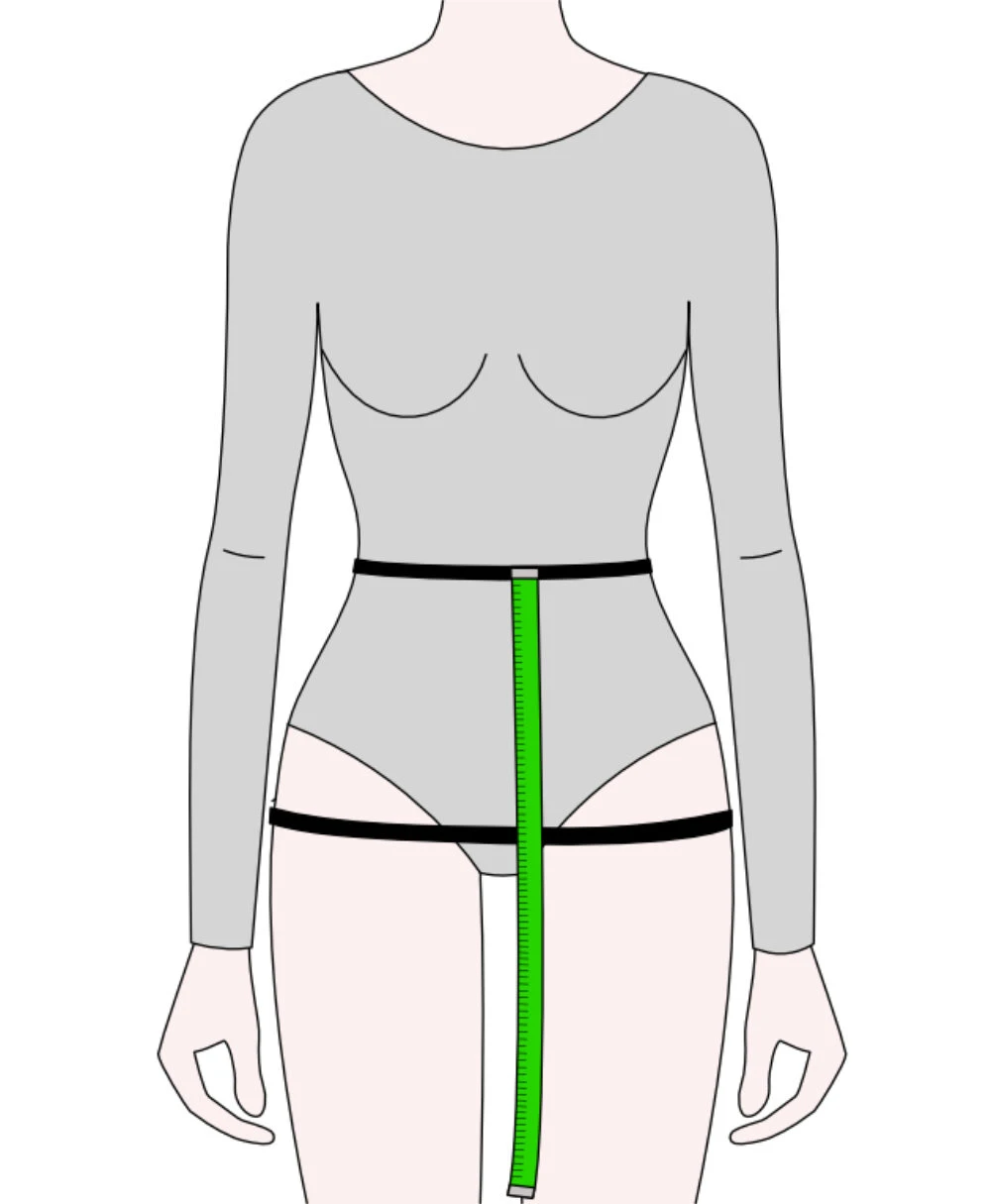Illustration showing how to measure the waist to hip length as the vertical distance between two elastic bands—one placed at the natural waist and the other at the fullest part of the hips.