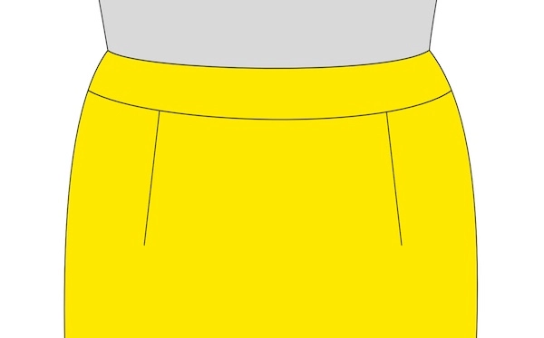 Illustration of a pencil skirt with a shaped waistband.