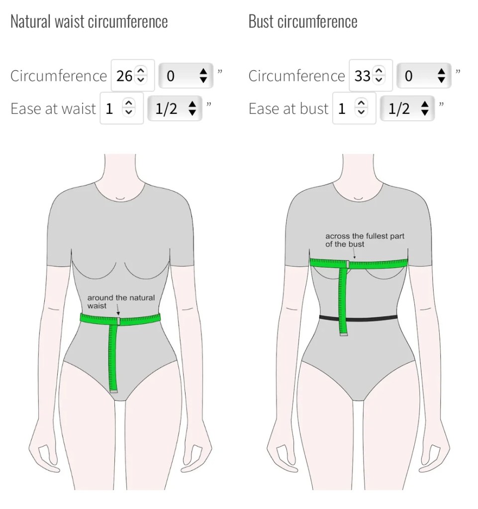 Input field of interactive pattern drafting tutorials on anicka.design showing the natural waist and bust circumference measurements.